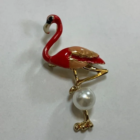 Pinkish Red Flamingo Brooch with Faux Pearl - Picture 2 of 5